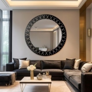 Miroir rond sur fond en lacobel noir avec motif doré - LINIERO