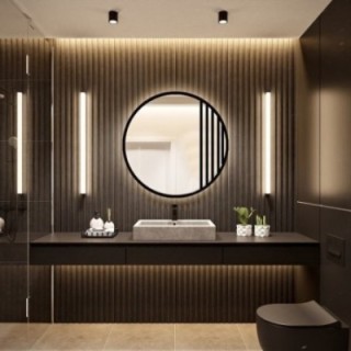 Miroir rond avec meneaux dans un cadre MDF loft noir mat avec éclairage - LOTIS LED - couleur du cadre au choix