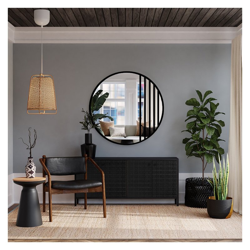 Miroir rond avec meneaux dans un cadre MDF loft noir mat - LOTIS - couleur du cadre au choix