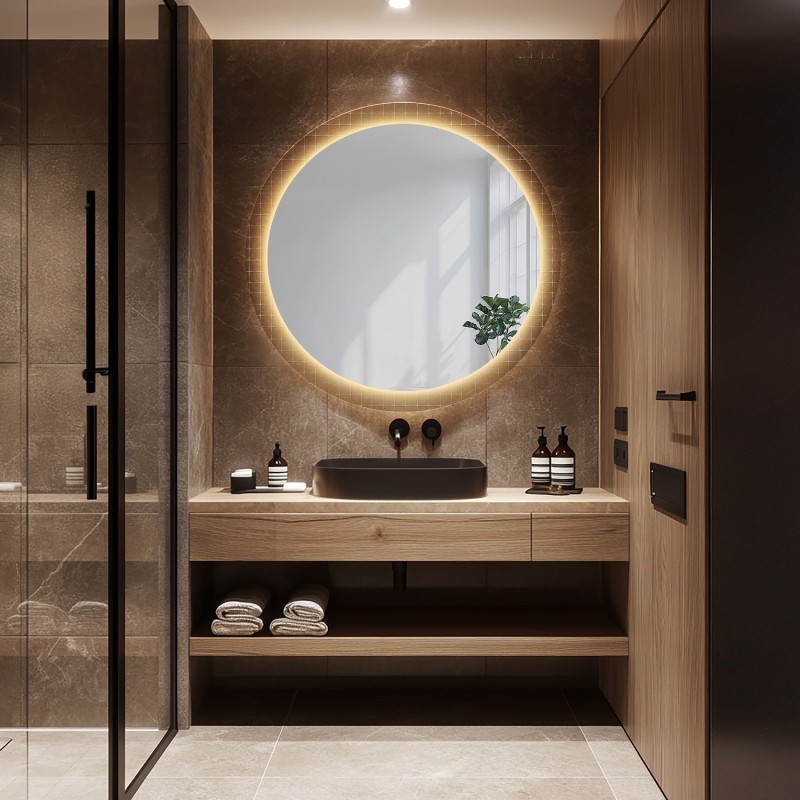 Miroir rond sur verre ornemental Master Flex avec éclairage - LUXORA FROSTED LED