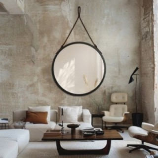 Miroir rond dans un cadre noir mat sur un bracelet en cuir noir - OTTO SANGLE NOIR - couleur du cadre au choix