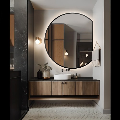Miroir rond dans un cadre MDF noir mat avec éclairage - OTTO LED avec côté chanfreiné