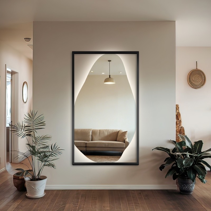 Miroir organique dans un cadre MDF noir avec éclairage - HUBERTUS LED