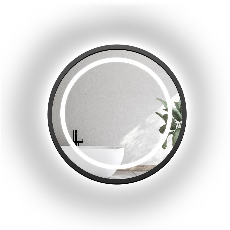 Miroir rond avec cadre en mdf noir mat et rétro-éclairage sablé - LAURA LED - couleur du cadre au choix