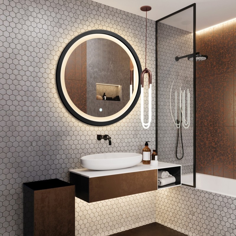 Miroir rond dans un cadre en mdf noir mat avec éclairage sablé - OTIS LED - couleur du cadre au choix