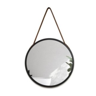 Miroir rond dans un cadre noir mat sur un bracelet en cuir marron - OTTO SANGLE BRONZE - couleur du cadre au choix