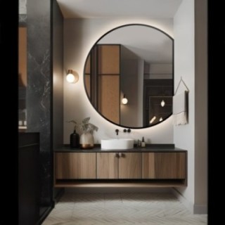 Miroir rond dans un cadre MDF noir mat avec éclairage - OTTO LED avec côté chanfreiné