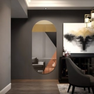 Miroir ovale avec panneau décoratif or-cuivre et laque noire - RIO