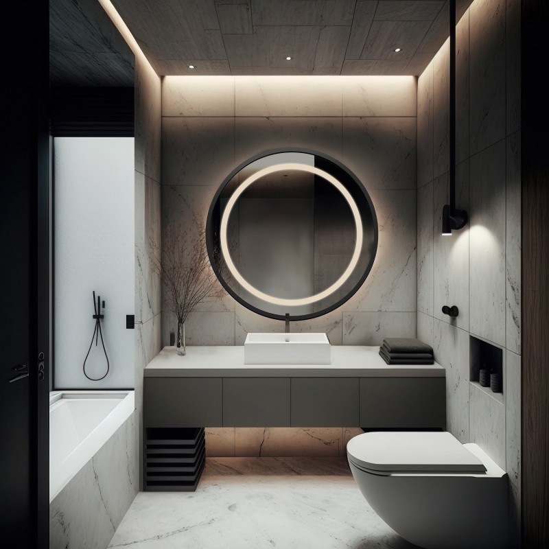 Miroir rond avec cadre en mdf noir mat et rétro-éclairage sablé - LAURA LED - couleur du cadre au choix
