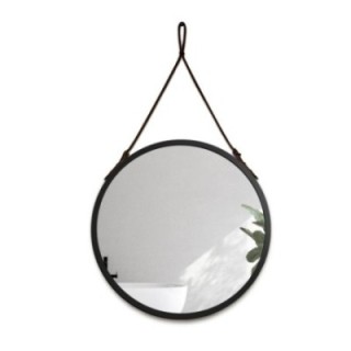 Miroir rond dans un cadre noir mat sur un bracelet en cuir noir - OTTO SANGLE NOIR - couleur du cadre au choix