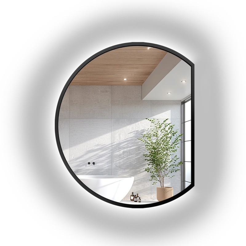 Miroir rond dans un cadre MDF noir mat avec éclairage - OTTO LED avec côté chanfreiné