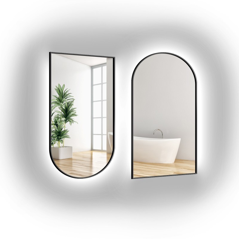 Set de deux miroirs semi-ovales en MDF noir cadre SLIM avec rétro-éclairage - DOMI LED KIT - couleur du cadre au choix