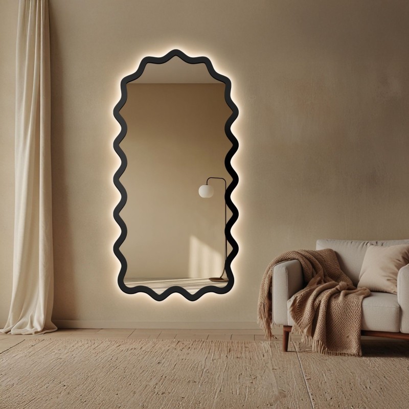 Miroir semi-ovale dans un cadre ondulé en MDF avec éclairage intégré - AQUARELLE SONA LED