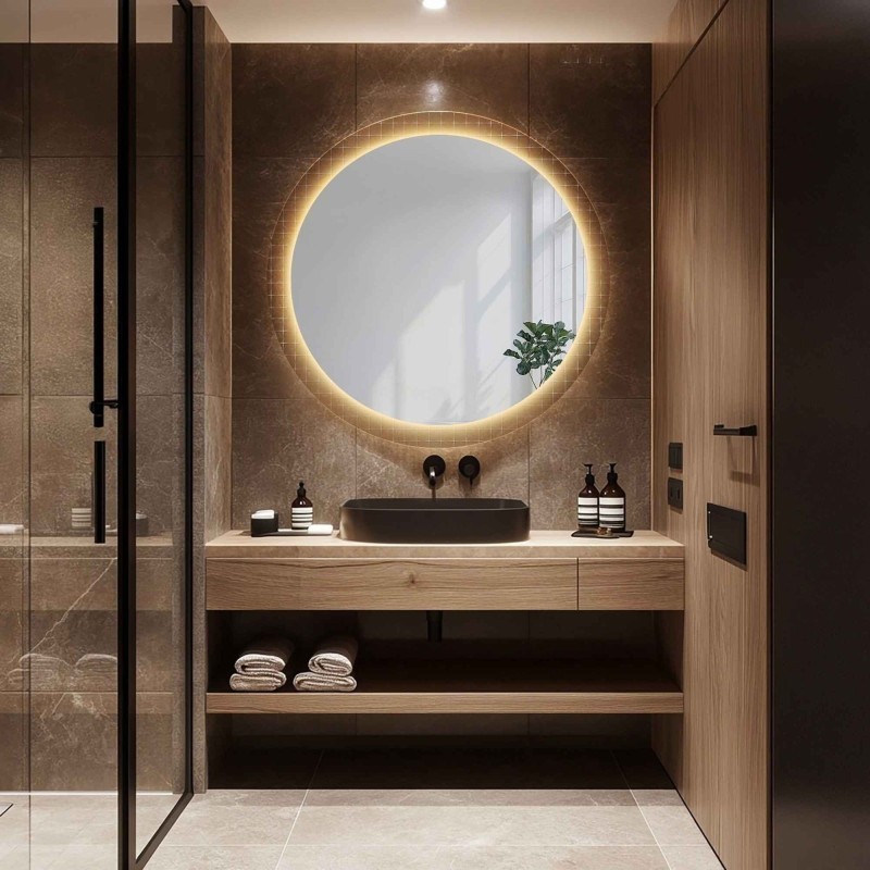 Miroir rond sur verre ornemental Master Flex avec éclairage - LUXORA FROSTED LED