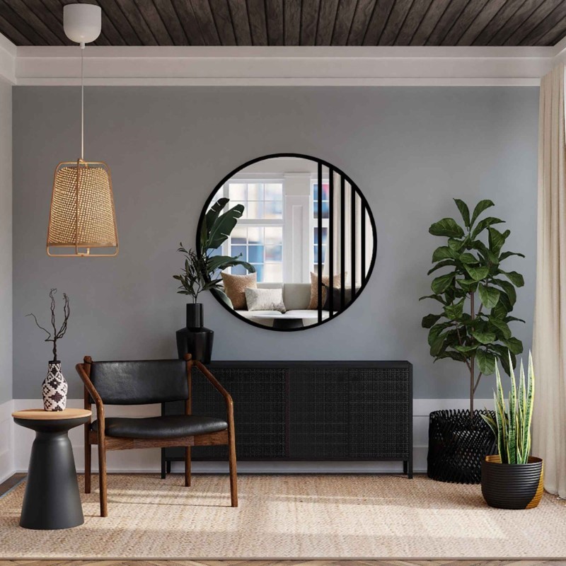 Miroir rond avec meneaux dans un cadre MDF loft noir mat - LOTIS - couleur du cadre au choix