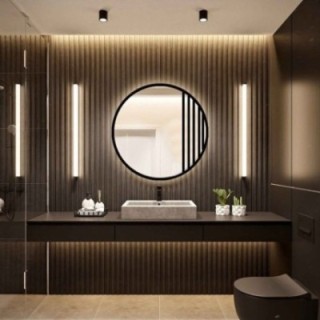 Miroir rond avec meneaux dans un cadre MDF loft noir mat avec éclairage - LOTIS LED - couleur du cadre au choix