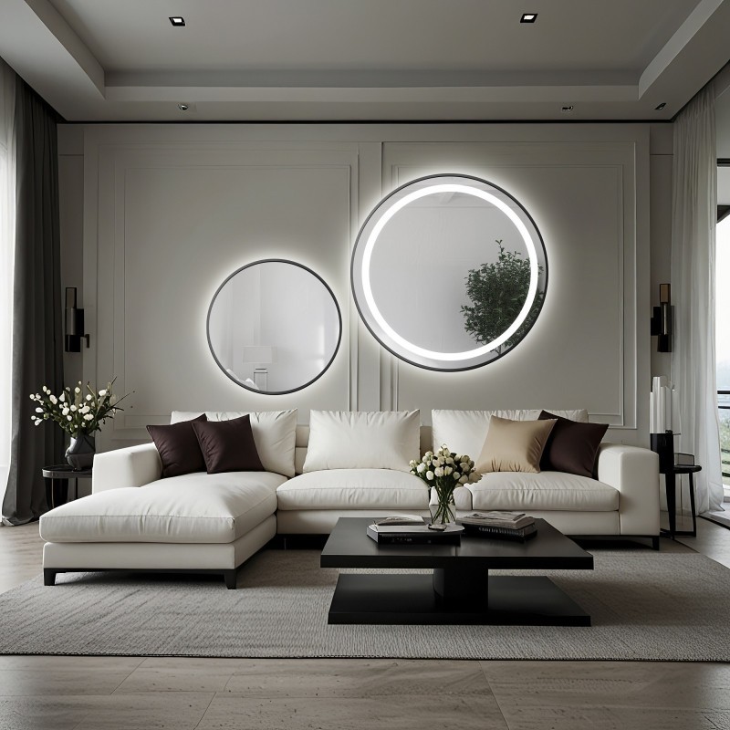 Jeu de miroirs ronds sablés avec cadre SLIM en MDF noir et rétro-éclairage LED STELLA - choix de la couleur du cadre