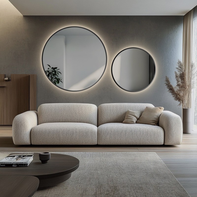 Set de miroirs ronds en MDF noir cadre SLIM avec éclairage - OTYLIA LED SET - couleur du cadre au choix