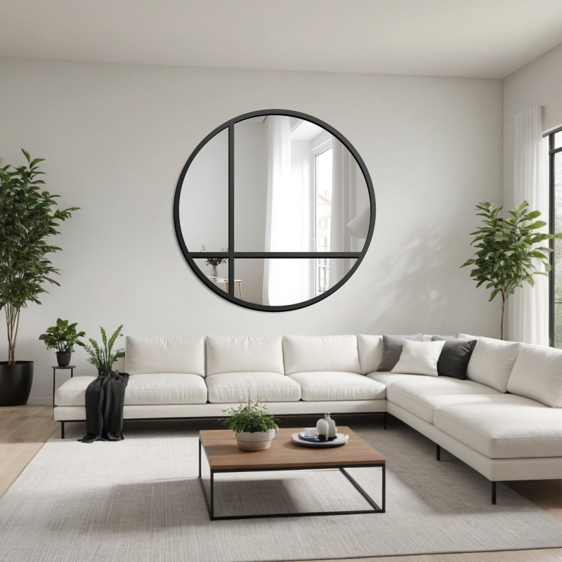 Miroir rond à meneaux avec cadre en mdf noir mat - OKTAN I - couleur du cadre au choix