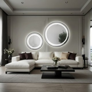 Jeu de miroirs ronds sablés en MDF noir cadre SLIM avec éclairage STELLA LED II - choix de la couleur du cadre