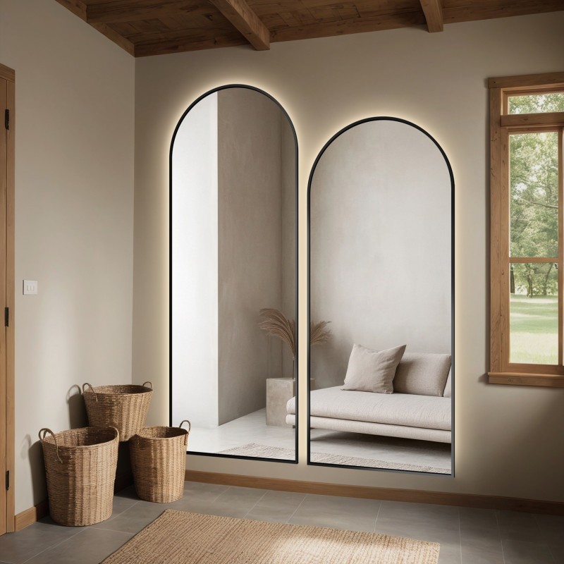 Set de deux miroirs semi-ovales en MDF noir cadre SLIM avec rétro-éclairage - DOMI II SET IN LED FRAME