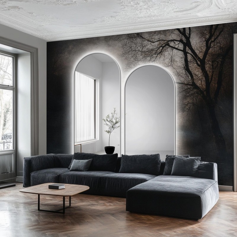 Set de deux miroirs semi-ovales en MDF noir cadre SLIM avec rétro-éclairage - DOMI II SET IN LED FRAME