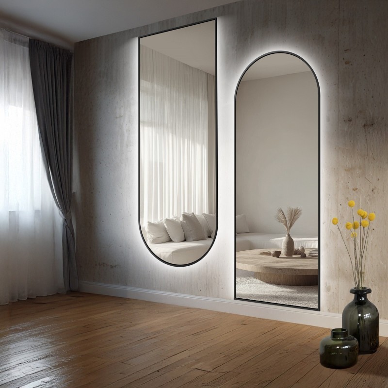 Set de deux miroirs semi-ovales en MDF noir cadre SLIM avec rétro-éclairage - DOMI LED KIT - couleur du cadre au choix