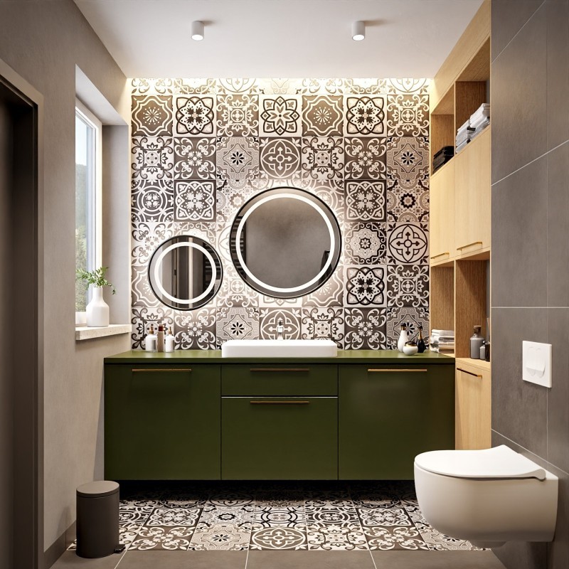 Jeu de miroirs ronds sablés en MDF noir cadre SLIM avec éclairage STELLA LED II - choix de la couleur du cadre