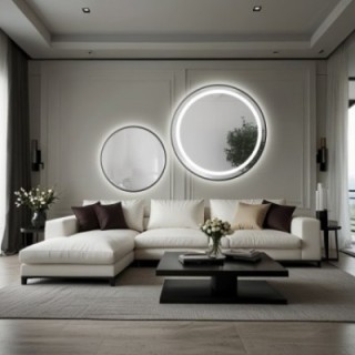 Jeu de miroirs ronds sablés avec cadre SLIM en MDF noir et rétro-éclairage LED STELLA - choix de la couleur du cadre