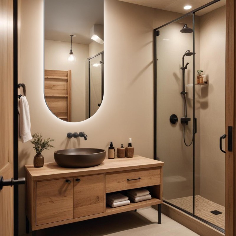 Miroir de salle de bain semi-ovale avec éclairage - FRANK LED