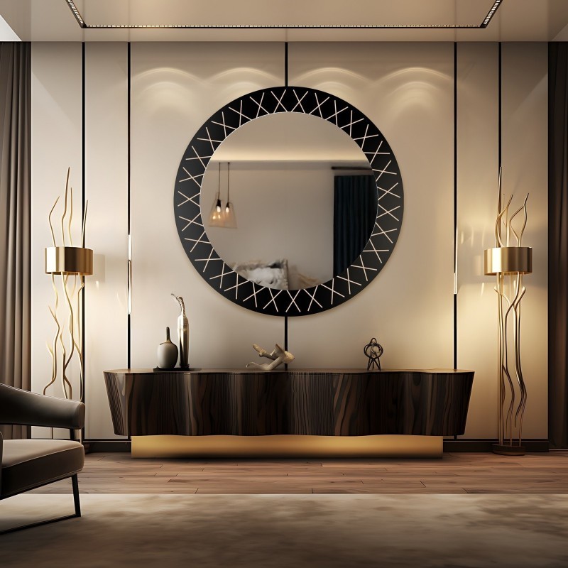 Miroir rond sur fond en lacobel noir avec motif doré - LINIERO