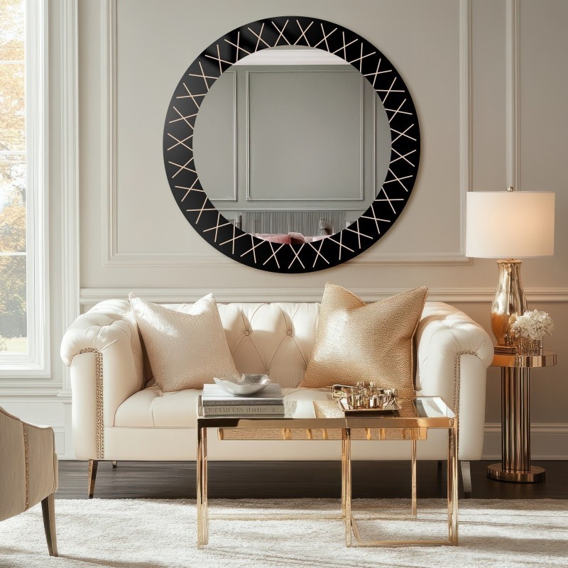 Miroir rond sur fond en lacobel noir avec motif doré - LINIERO