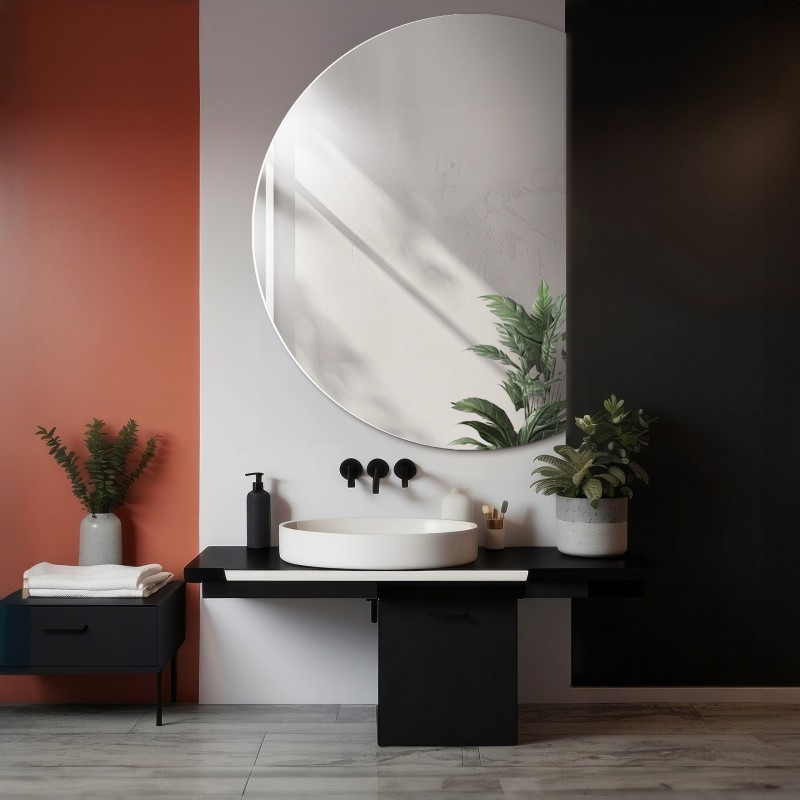 Miroir de salle de bains rond avec un côté coupé - CERCLE avec côté chanfreiné