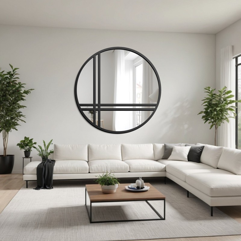 Miroir rond à meneaux avec cadre en mdf noir mat - OKTAN II - couleur du cadre au choix