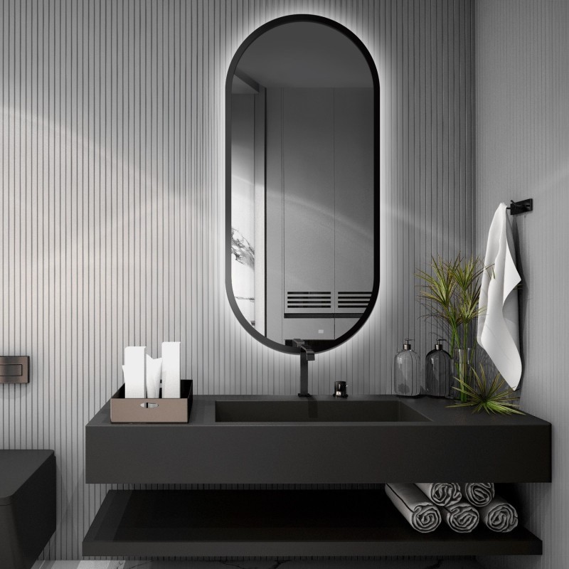 Miroir ovale dans un cadre MDF noir avec éclairage - OSKAR LED - couleur de cadre au choix