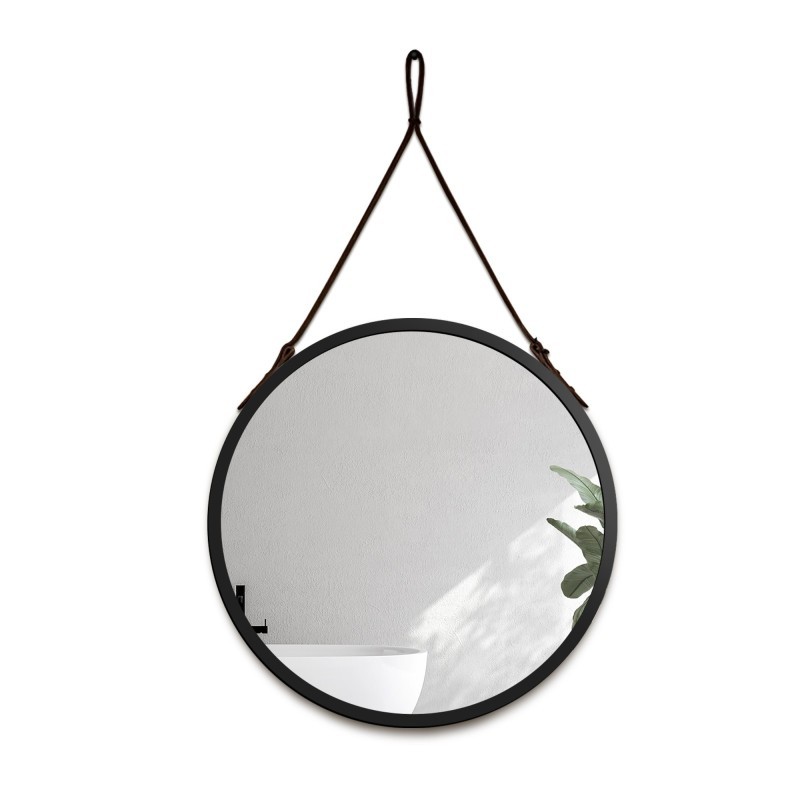 Miroir rond dans un cadre noir mat sur un bracelet en cuir noir - OTTO SANGLE NOIR - couleur du cadre au choix
