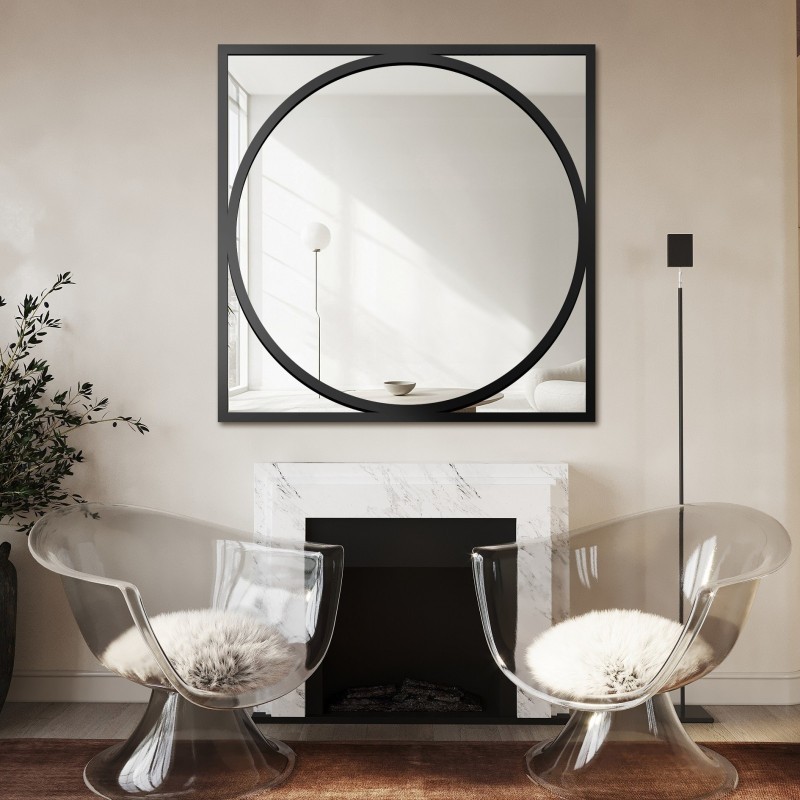 Miroir dans un cadre MDF noir cercle en carré - COSMO