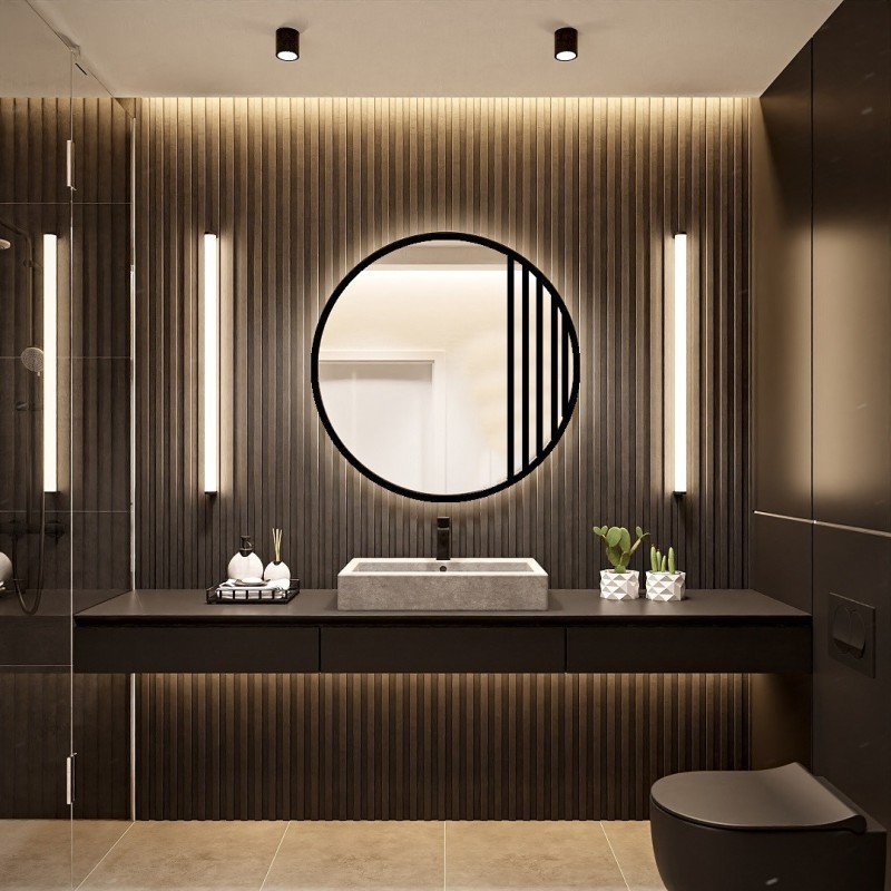 Miroir rond avec meneaux dans un cadre MDF loft noir mat avec éclairage - LOTIS LED - couleur du cadre au choix
