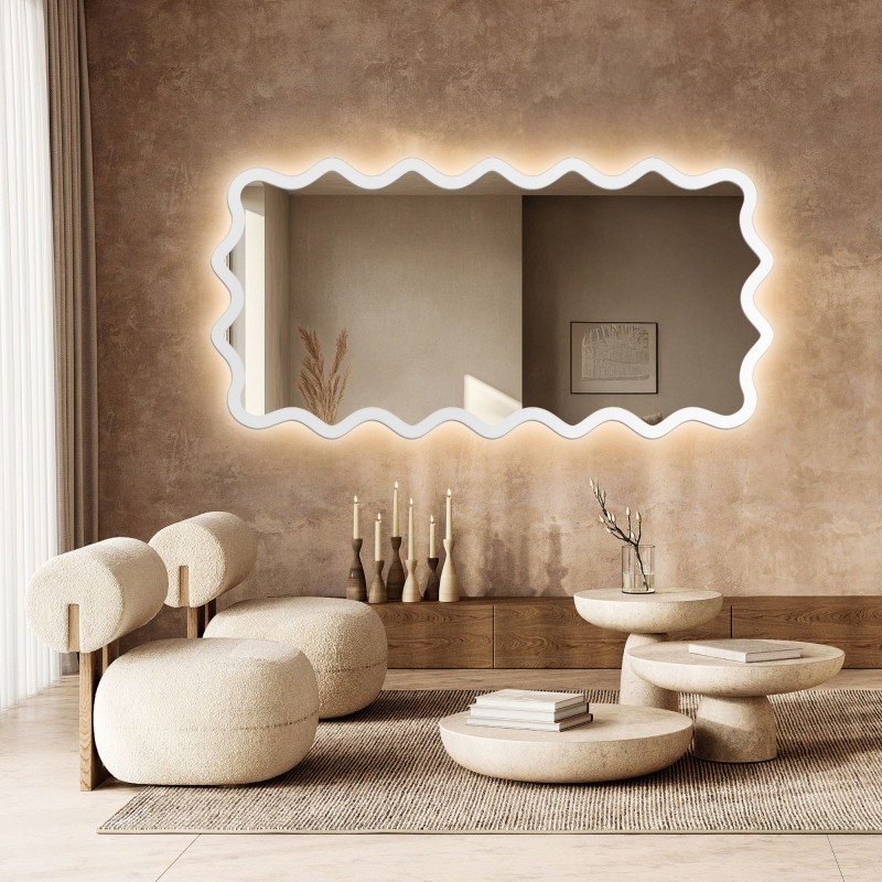 Miroir rectangulaire avec cadre ondulé en MDF et éclairage intégré - AQUARELLE MARELLA LED