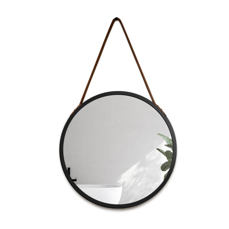 Miroir rond dans un cadre noir mat sur un bracelet en cuir marron - OTTO SANGLE BRONZE - couleur du cadre au choix