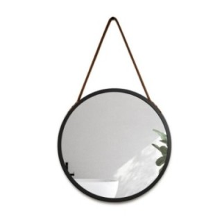 Miroir rond dans un cadre noir mat sur un bracelet en cuir marron - OTTO SANGLE BRONZE - couleur du cadre au choix