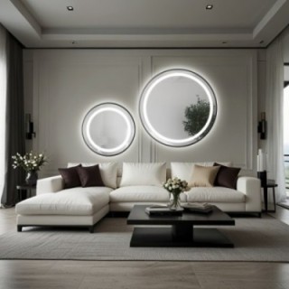 Jeu de miroirs ronds sablés en MDF noir cadre SLIM avec éclairage STELLA LED II - choix de la couleur du cadre