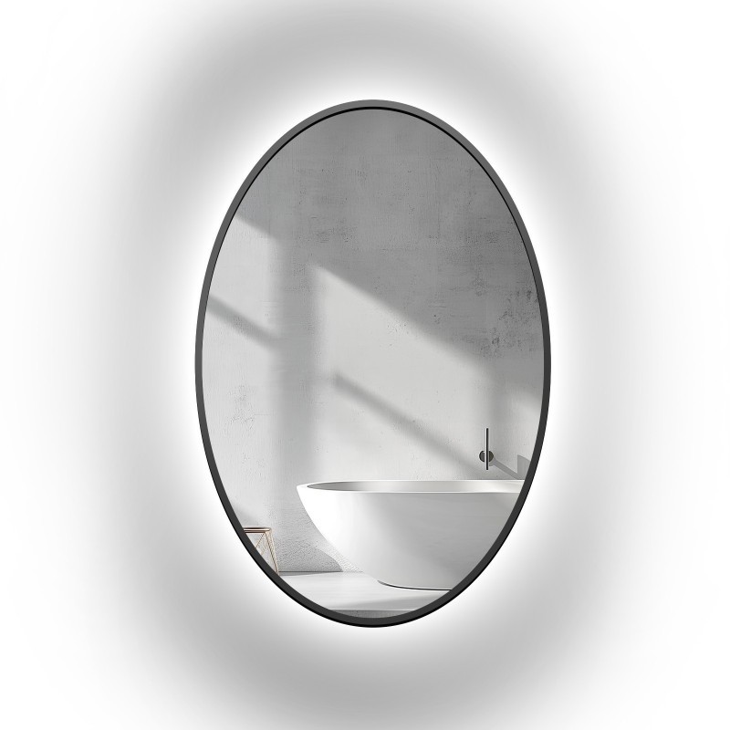 Miroir elliptique en MDF noir cadre SLIM avec éclairage - ELIZA LED
