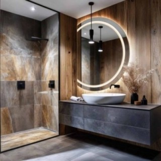 Miroir de salle de bain rond face coupée avec éclairage - MAIA LED avec côté chanfreiné