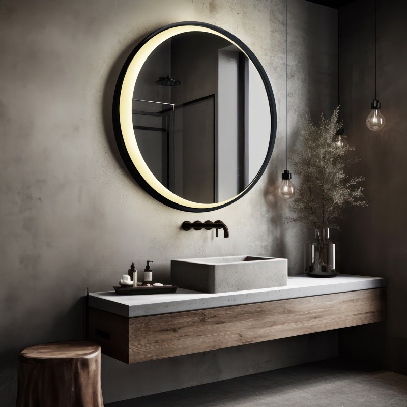 Miroir rond dans un cadre en mdf noir avec lune LED sablée - MIDNIGHT LED