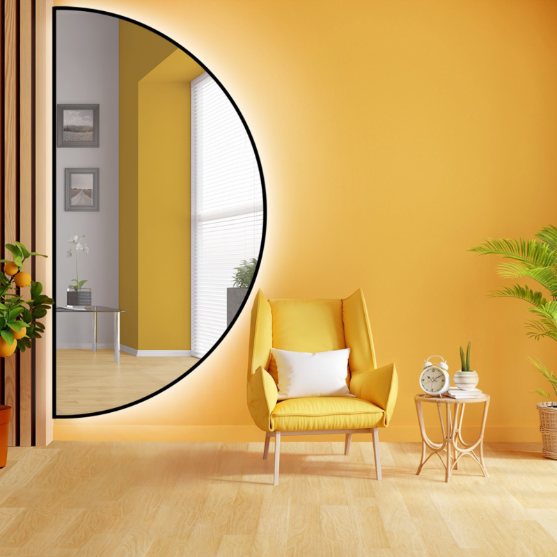 Miroir demi-cercle dans un cadre noir avec MDF SLIM éclairage - HILDA LED