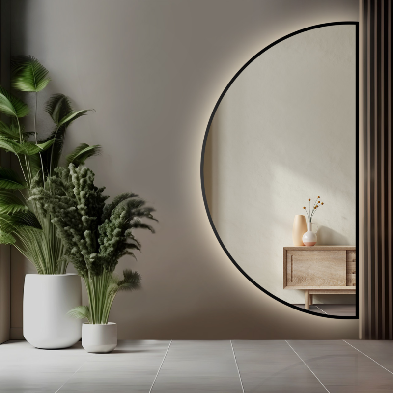 Miroir demi-cercle dans un cadre noir avec MDF SLIM éclairage - HILDA LED