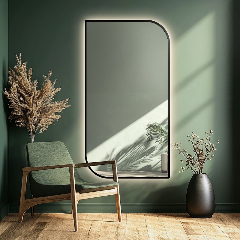 Miroir en MDF noir cadre SLIM avec éclairage - LED teardrop - choix de la couleur du cadre