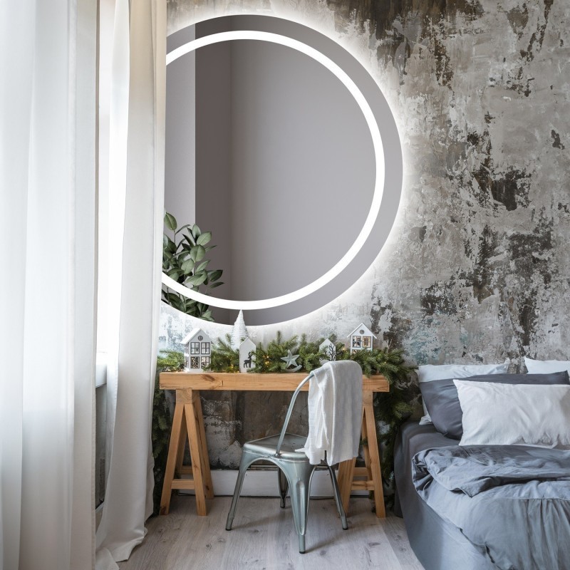 Miroir de salle de bain rond face coupée avec éclairage - MAIA LED avec côté chanfreiné