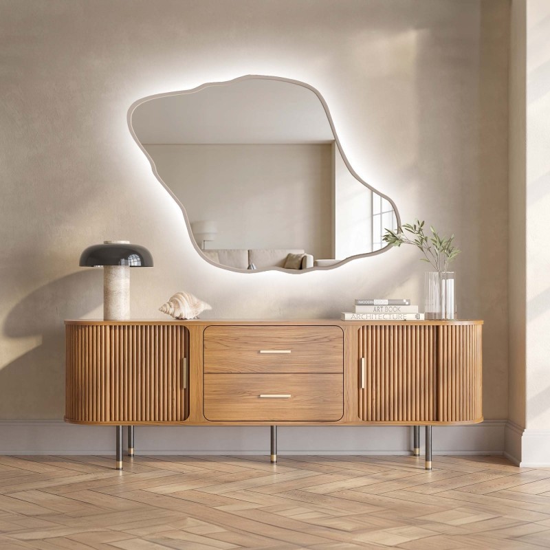 Miroir aux formes organiques, avec cadre en MDF couleur cachemire et éclairage intégré - MARIS DUNE LED DANS SON CADRE